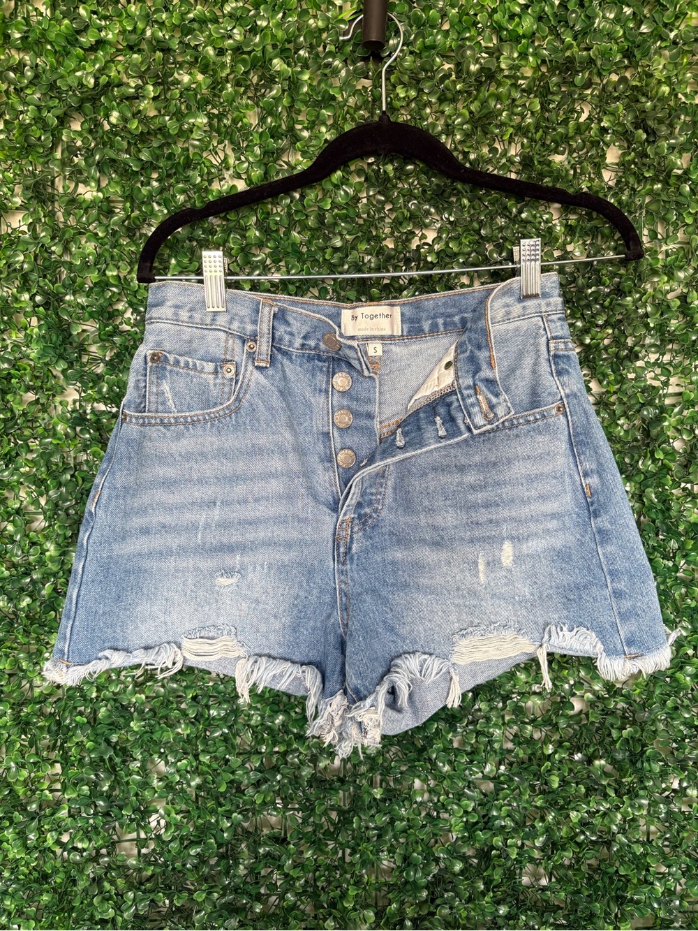 By Together Light Wash High-Rise Distressed Denim Shorts